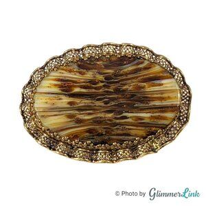 VTG Western Germany Sideway Oval Brown Banded Stone Ruffle Gold Tone Brooch